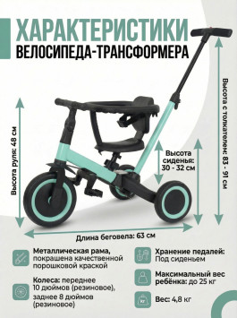 Детский беговел-велосипед 8в1 с крышей и ручкой, зеленый - TR008C-CYAN