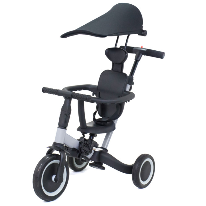 Детский беговел-велосипед 8в1 с крышей и ручкой, серый - TR008C-GREY