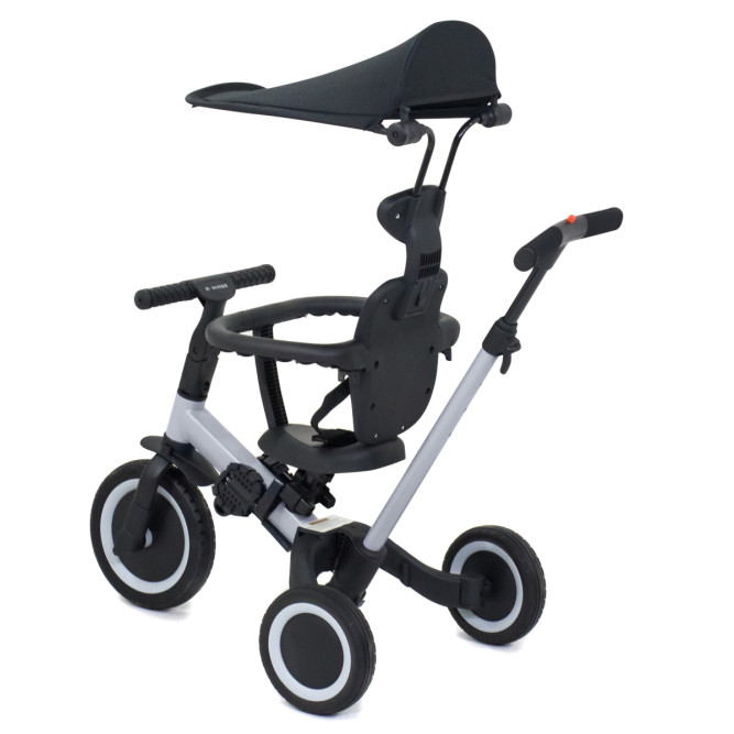 Детский беговел-велосипед 8в1 с крышей и ручкой, серый - TR008C-GREY