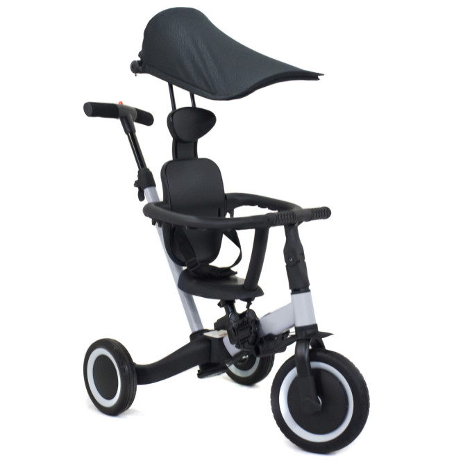 Детский беговел-велосипед 8в1 с крышей и ручкой, серый - TR008C-GREY