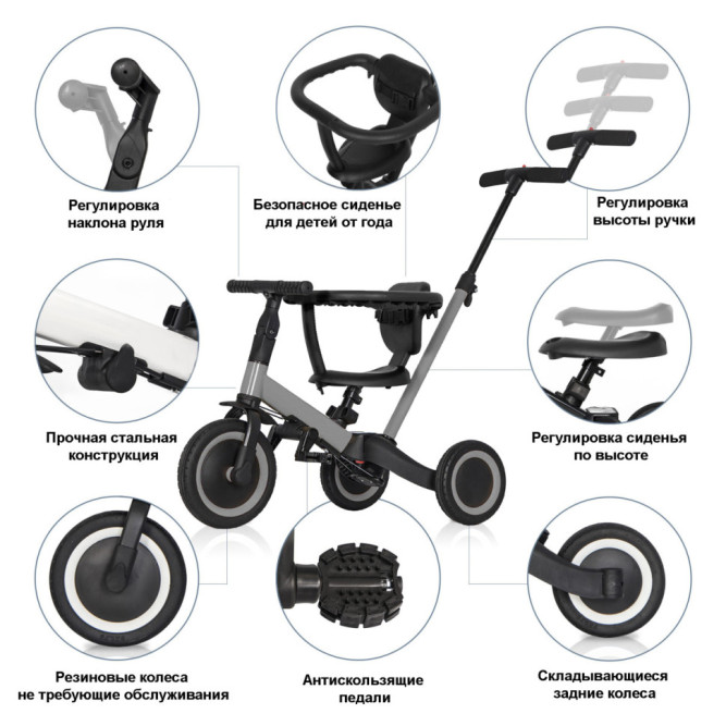 Детский беговел-велосипед 8в1 с крышей и ручкой, серый - TR008C-GREY