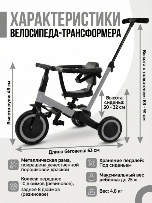 Детский беговел-велосипед 8в1 с крышей и ручкой, серый - TR008C-GREY