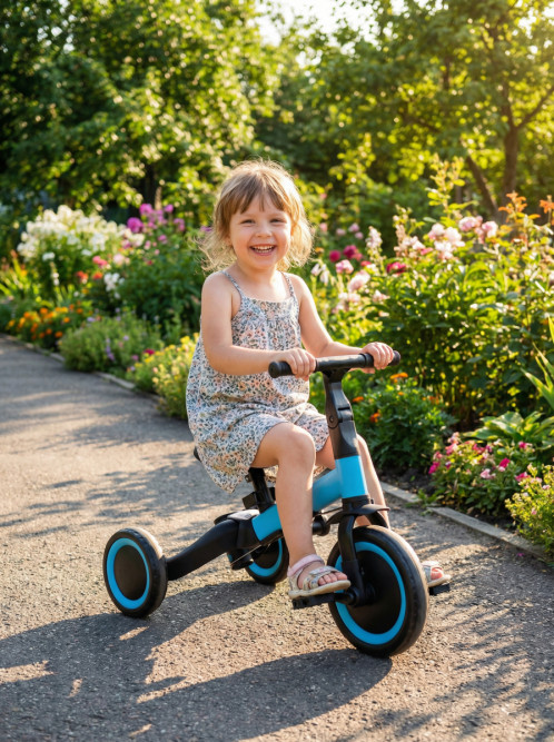 Детский беговел-велосипед 8в1 с крышей и ручкой, синий - TR008C-BLUE