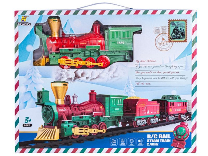 Железная дорога Новогодний поезд Fenfa (3 вагона, пар, пульт, свет, звук) - 1613F