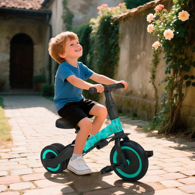 Детский беговел-велосипед 4в1 с родительской ручкой, зеленый с рисунком - TR007-CYAN-PAINT