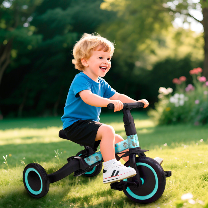 Детский беговел-велосипед 4в1 с родительской ручкой, зеленый с рисунком - TR007-CYAN-PAINT