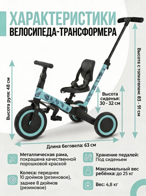 Детский беговел-велосипед 4в1 с родительской ручкой, зеленый с рисунком - TR007-CYAN-PAINT