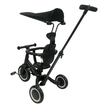 Детский беговел-велосипед 8в1 с крышей и ручкой, черный - TR010-BLACK