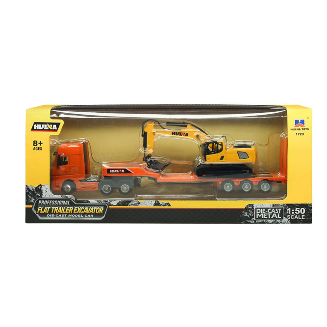 Металлический грузовик трейлер с экскаватором HUINA 1:50 - HN1729-ORANGE