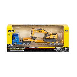 Металлический грузовик трейлер с экскаватором HUINA 1:50 - HN1729-YELLOW