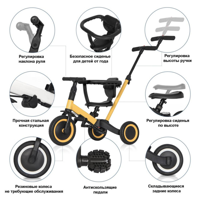 Детский беговел-велосипед 8в1 с крышей и ручкой, желтый - TR008C-YELLOW